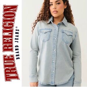 NWT True Religion Light Bliss Wash Logo Georgia Long Sleeve Denim Shirt Sz Small